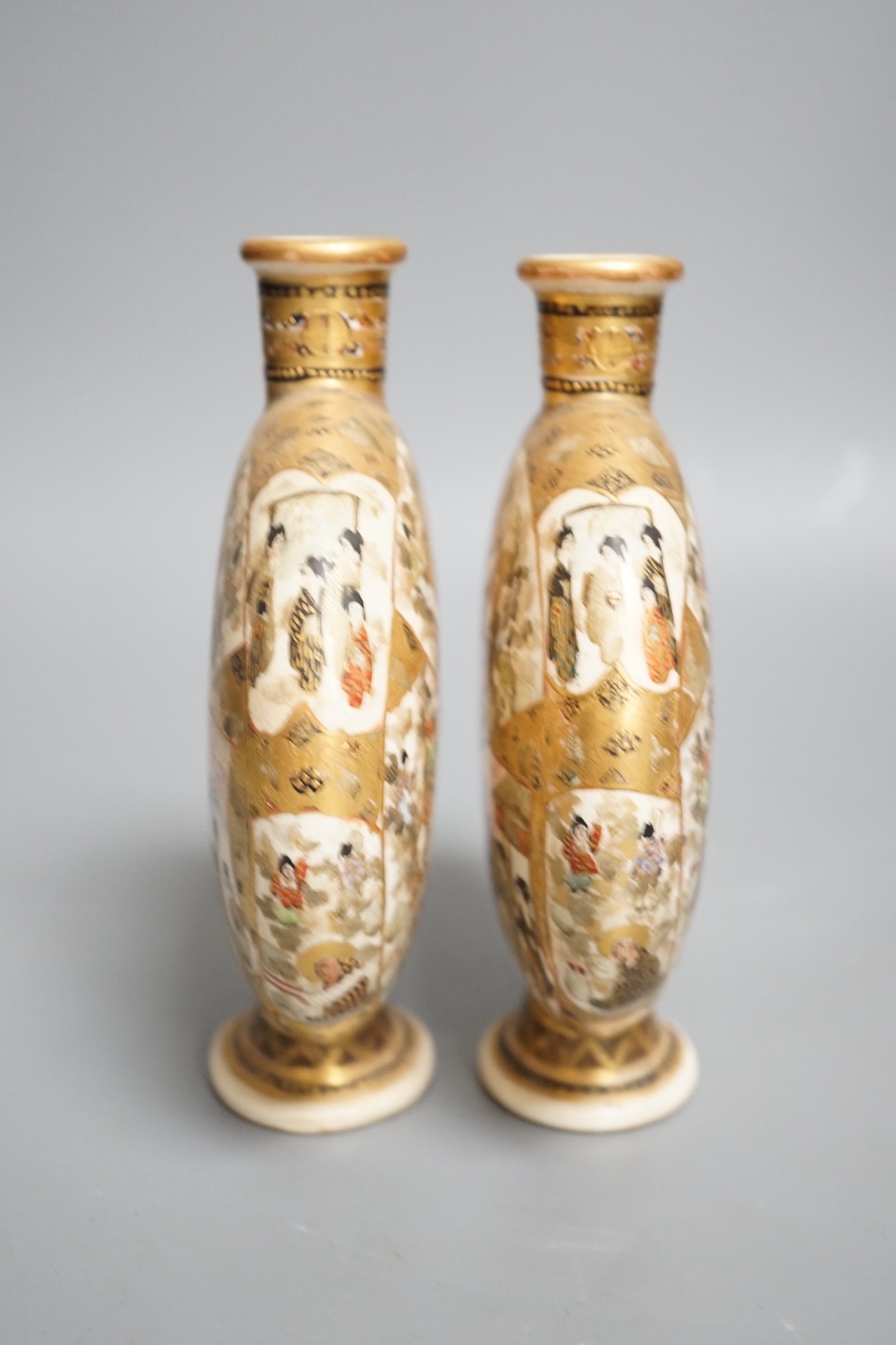A pair of Japanese Meiji period Satsuma pottery moonflasks, 15.5cms high